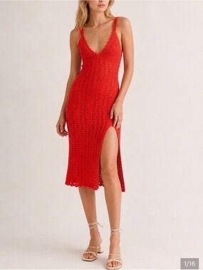 Aritzia Red Crochet V-Neck Midi Dress with Side Slit